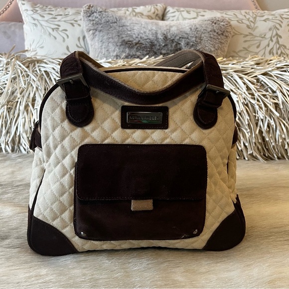 VERA BRADLEY Khaki Buckeye Bowler Bag Tote 2 Handle Suede Cotton Quilted 10”x12” - Picture 1 of 14